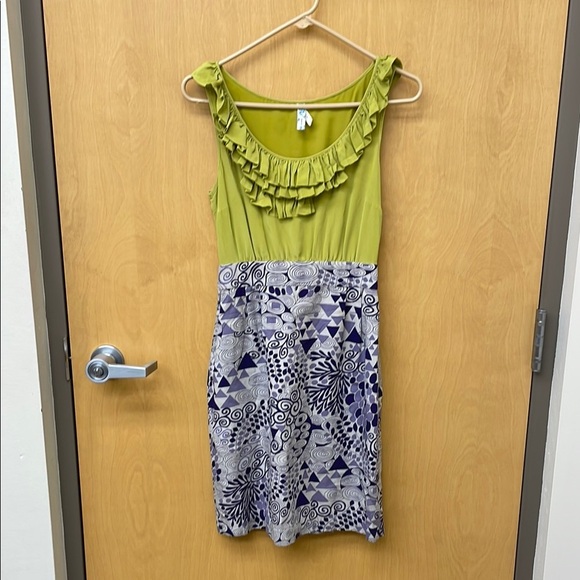 Maeve Lime Green Dress with Purple Geometric Accents - Picture 1 of 4
